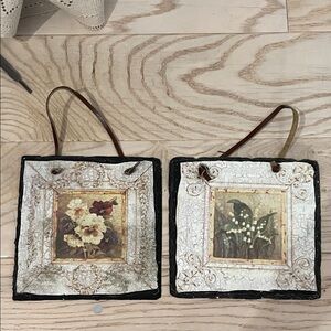 Set of 2 Vintage-Style Floral Wall Plaques - Cream, Black, Gold Accents
